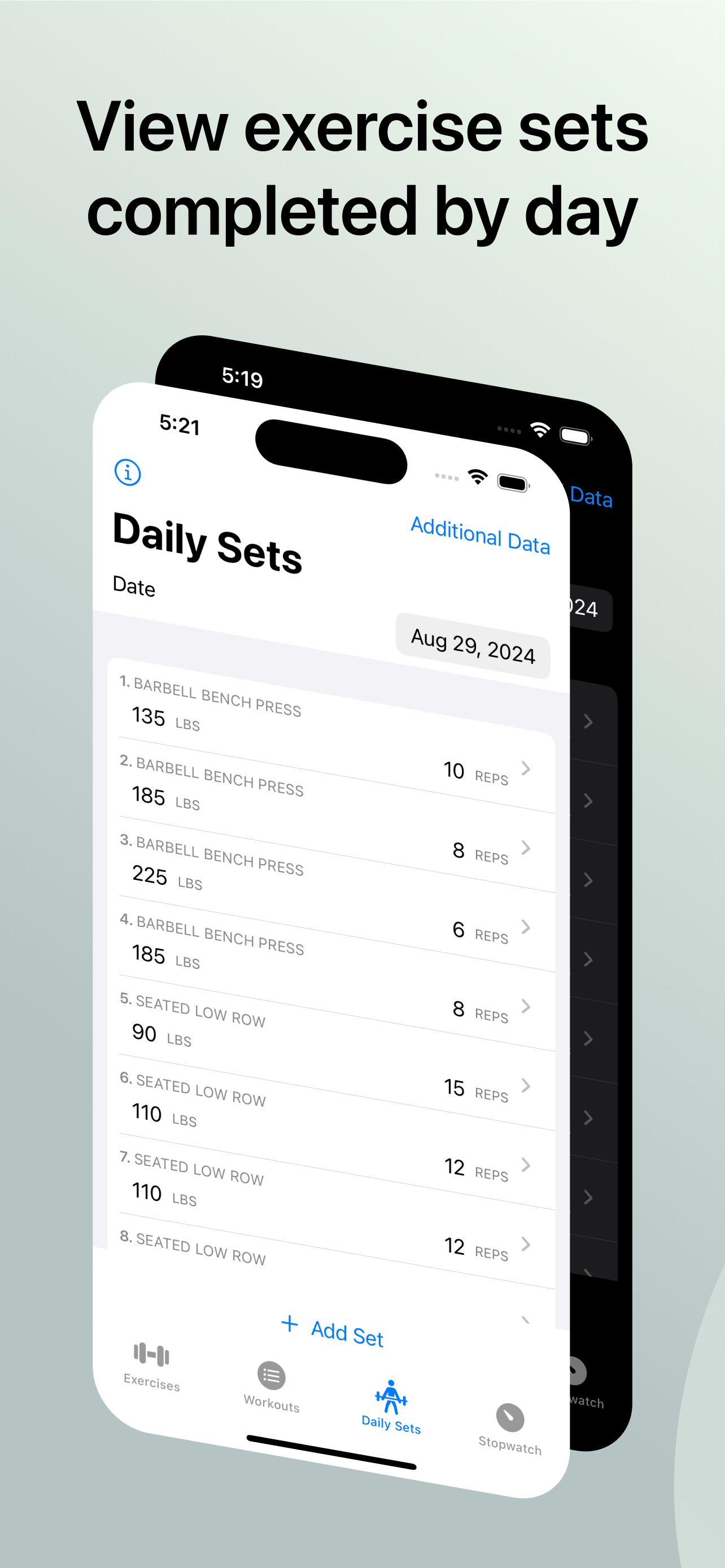 View exercise sets completed by day